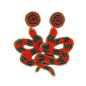 Red and Green Beaded Snake Earrings